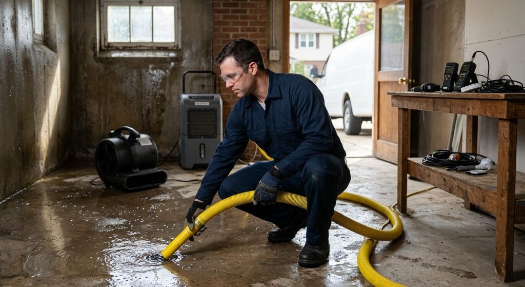 Water damage restoration technician in a Skokie basement operating an industrial extraction hose with air movers and dehumidifiers nearby, showing professional emergency response.