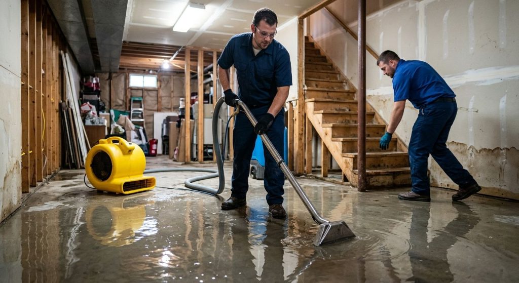 Restoration technicians performing water extraction and drying in a flooded Skokie basement with standing water and exposed drywall