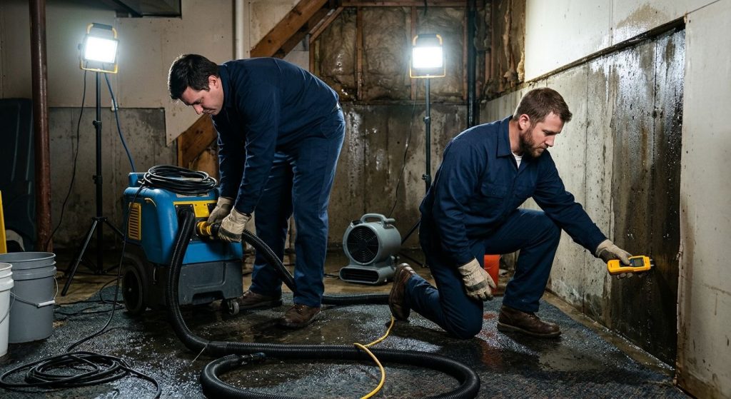 Water damage restoration crew using extraction pump in flooded basement