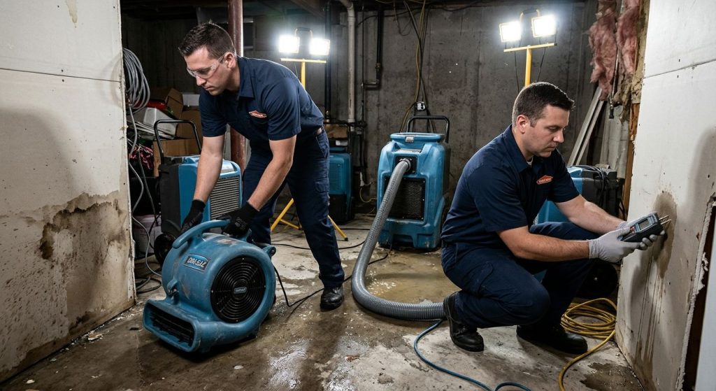 Two water damage restoration technicians in navy uniforms operating extraction equipment in a flooded basement with bright lights highlighting soaked drywall and equipment.
