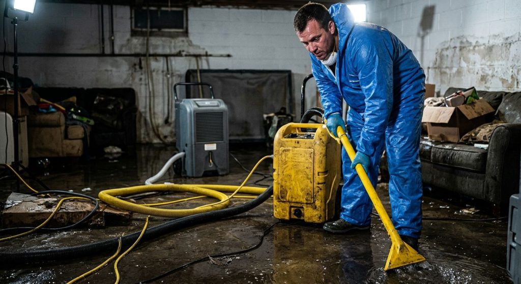 Restoration technician operating an industrial water extractor in a flooded Skokie basement while dehumidifiers and hoses surround the workspace