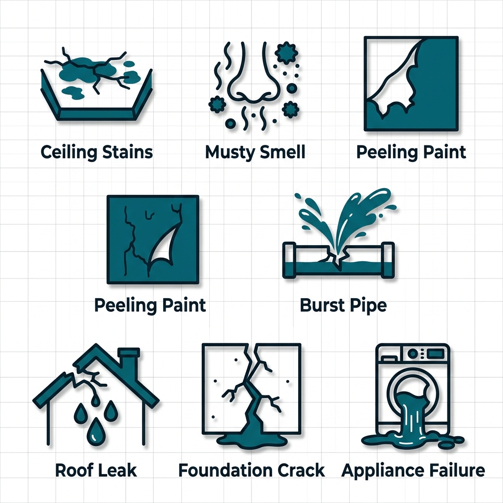 Seven outline icons indicating common water damage warning signs with labels such as Ceiling Stains, Musty Smell, Peeling Paint, Burst Pipe, Roof Leak, Foundation Crack, and Appliance Failure