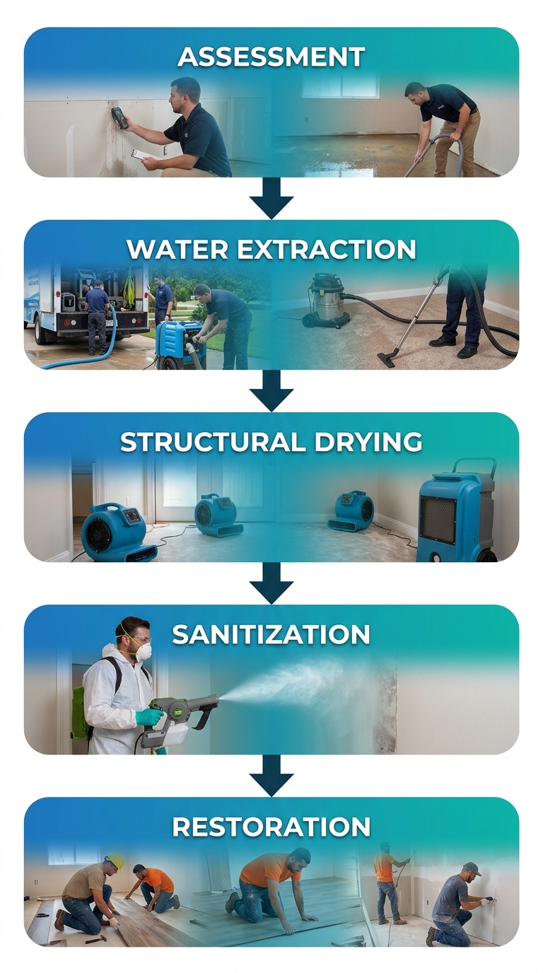 Five stages of professional flood cleanup: Assessment, Water Extraction, Structural Drying, Sanitization, Restoration. Vertical process flow diagram with blue-to-teal gradient stages and downward arrows.