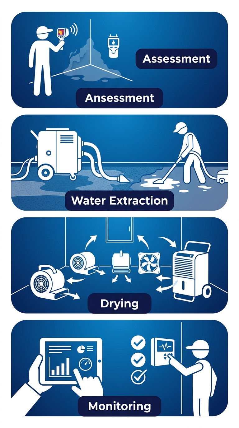Vertical process flow diagram of professional water extraction steps: Assessment, Water Extraction, Drying, and Monitoring, each with icons and labels.