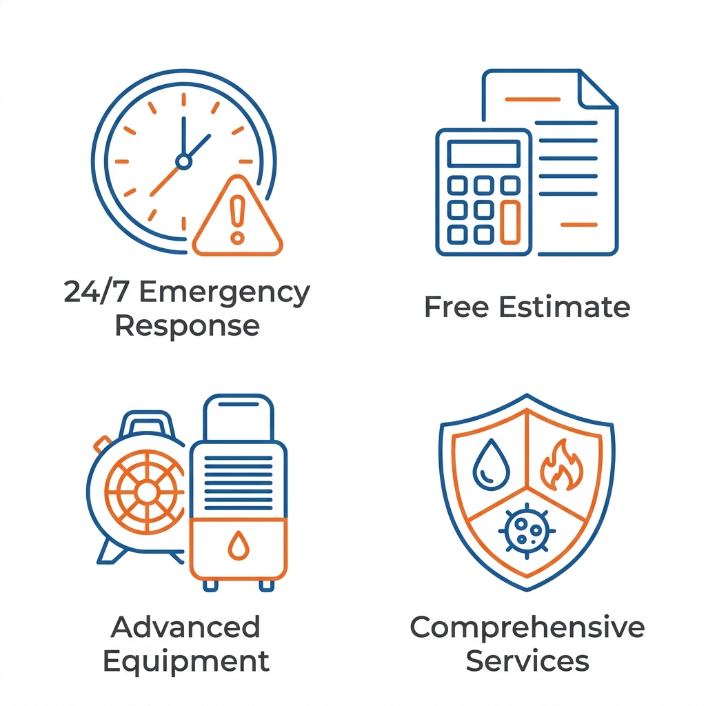 Four outline icons in a 2x2 grid: a clock with alert symbol labeled 24/7 Emergency Response, a calculator next to a document labeled Free Estimate, an industrial air mover and dehumidifier labeled Advanced Equipment, and a shield with water, fire, mold icons labeled Comprehensive Services, all with dark gray labels on white background.
